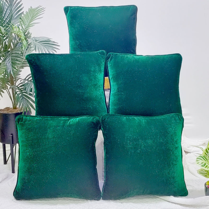 Soft Velvet Square Cushion Cover 16x16 Inches, Set of 5 (Dark Green)