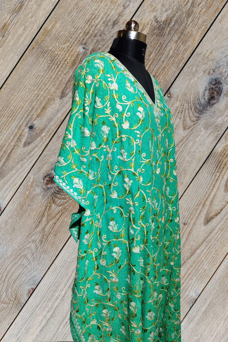 100% Cotton Long Green Kashmiri Kaftan with All Over Floral Aari Embroidery