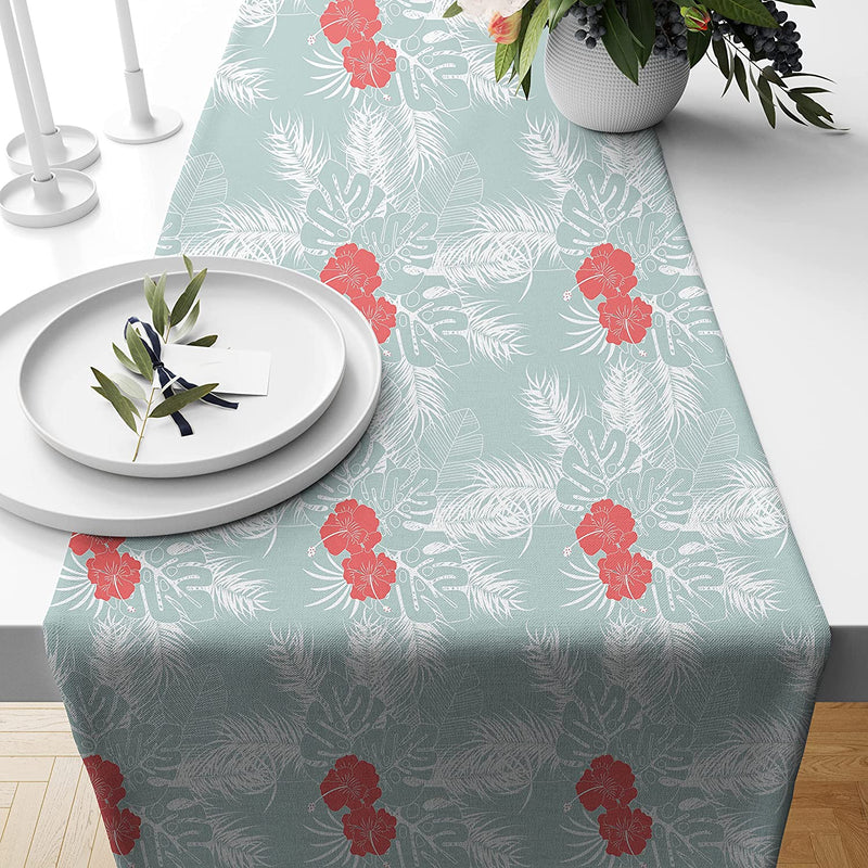 Ocean Red Flower Printed Cotton Canvas 4 Seater Table Runner (13 x 60 Inches)