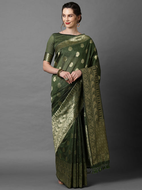 Sareemall Green Festive Silk Blend Fancy Woven Design Saree With Unstitched Blouse