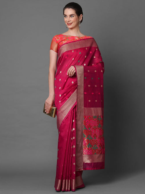 Sareemall Pink Festive Cotton Blend Woven Design Saree With Unstitched Blouse