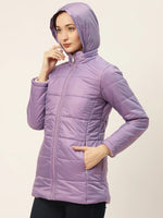 Women Purple Solid Padded Jacket With Detachable Hood