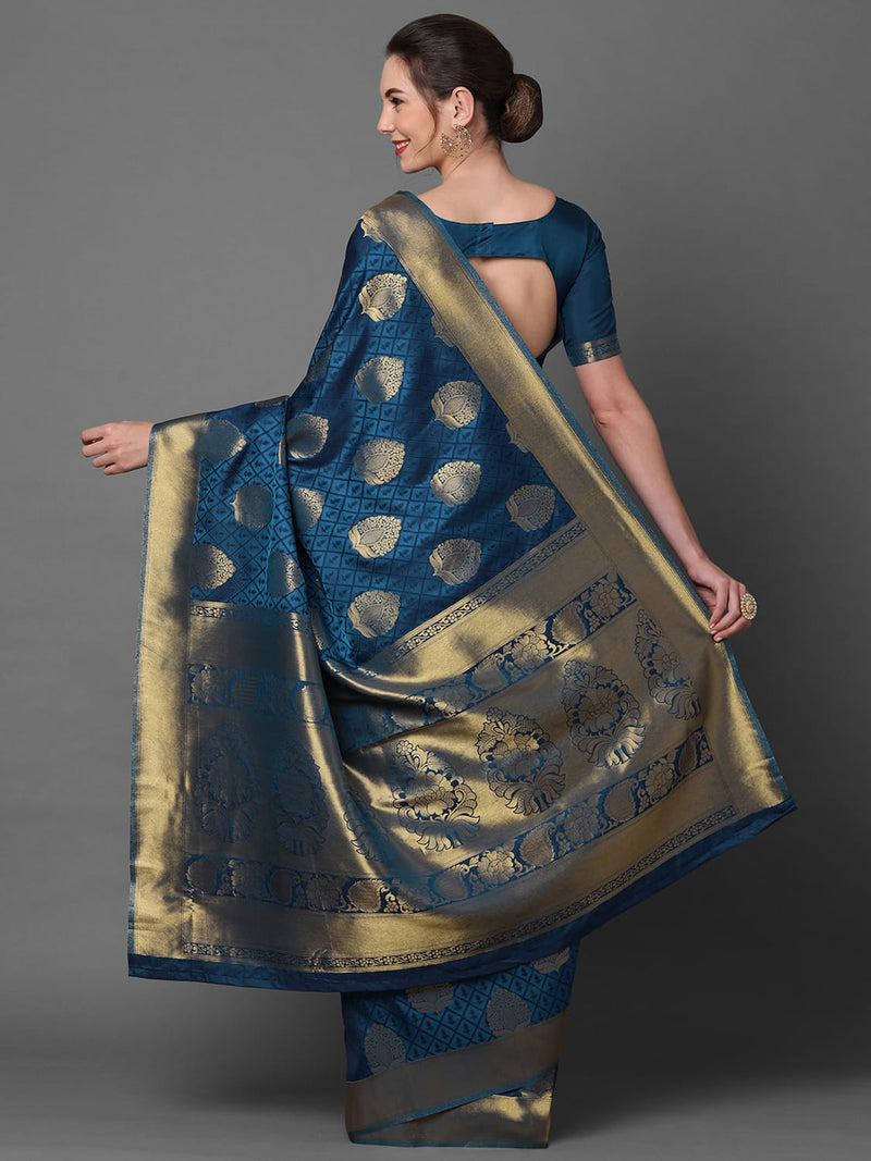 Sareemall Teal Blue Festive Kanjivaram Silk Woven Design Saree With Unstitched Blouse