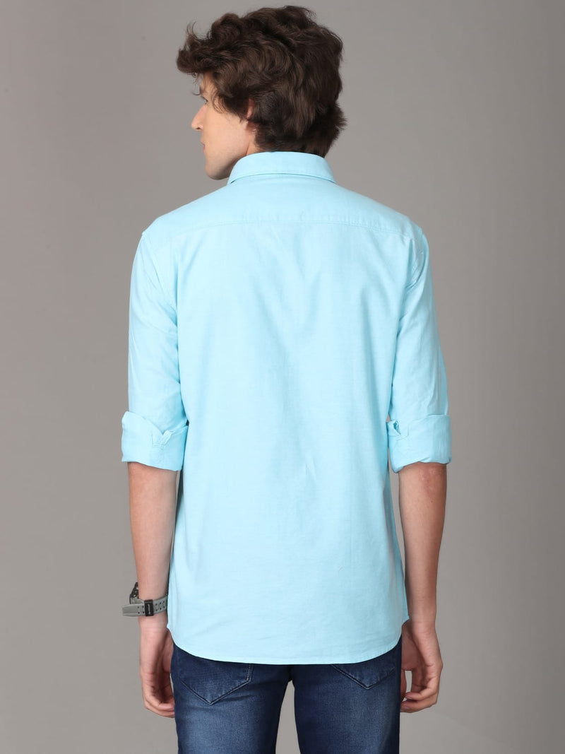 Oxford Chambray Turquoise Blue Slim Fit Cotton Casual Shirt