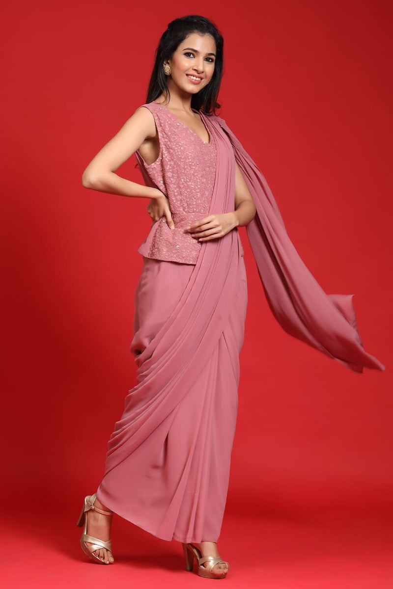 Juniper Rosegold Georgette Embellished Saree Style Dress