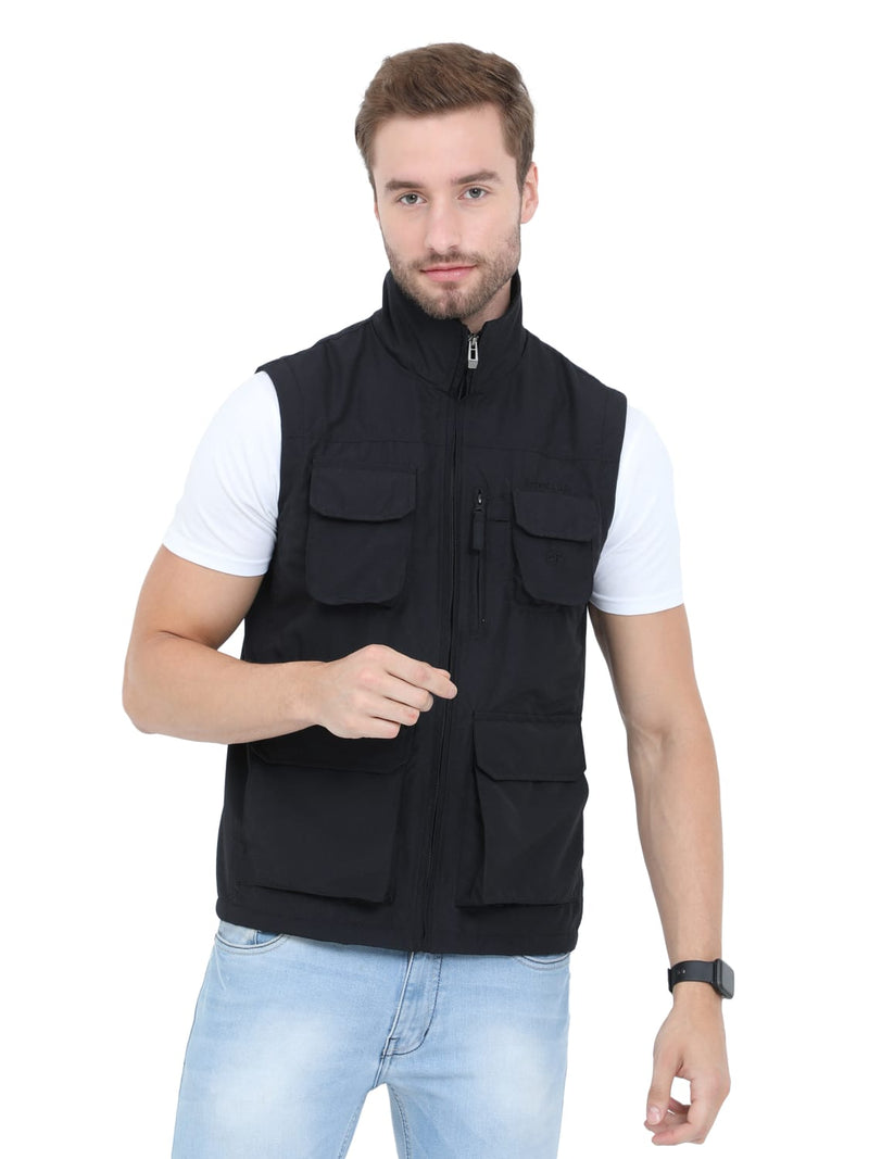 Multi-Pocket Sleeveless Black Jacket