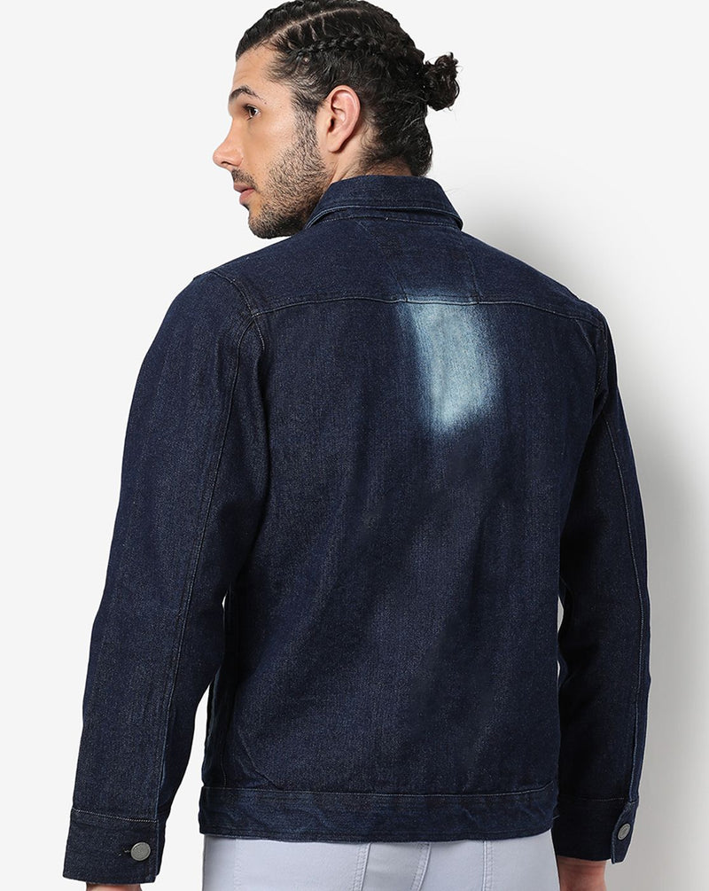 Campus Sutra Men's Dark-Washed Blue Regular Fit Denim Jacket For Winter Wear Full Sleeve | Buttoned | Casual Denim Jacket For Man | Western Stylish Denim Jacket For Men