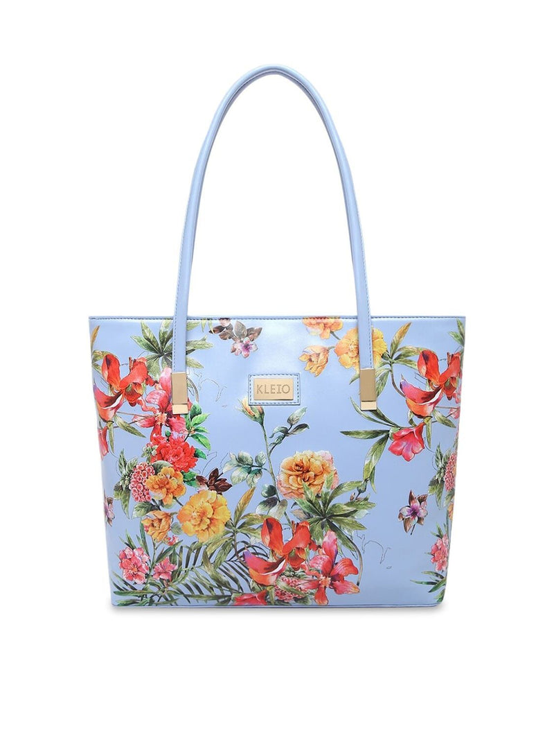 KLEIO Floral Printed Zipper Tote Shoulder Handbag For Women/Ladies (HO4014KL-TU)(TURQUOISE)