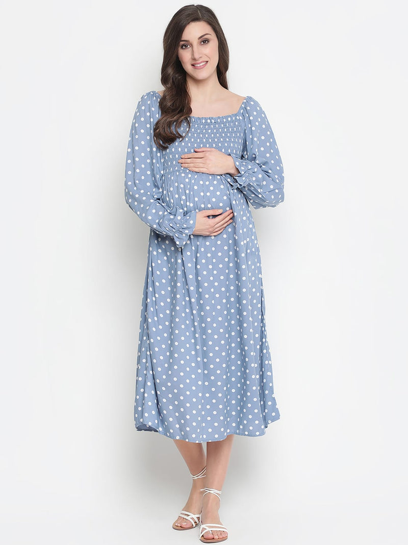Oxolloxo Bleed Blue Smocking Polka Print Comfy Maternity Dress