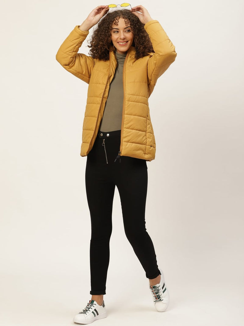 Women Mustard Yellow Solid Detachable Hood Parka Jacket