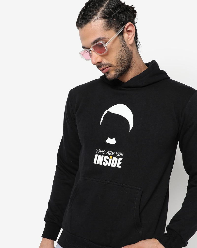 Campus Sutra Men's Solid Black Printed Regular Fit With Hoodie For Winter Wear | Full Sleeve | Cotton Sweatshirt | Casual Sweatshirt For Man | Western Stylish Sweatshirt For Men