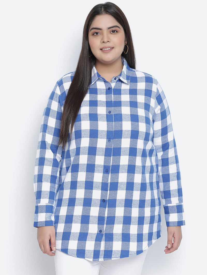 Minimalist Blue Brush Check Plus Size Women Shirt