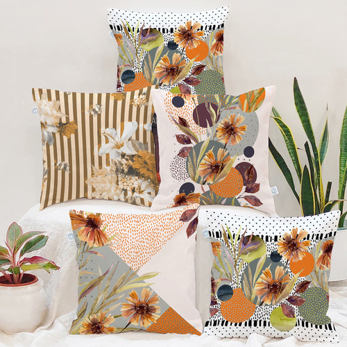 Set of 5 Yellow & Orange Floral Printed Square Cushion Covers
