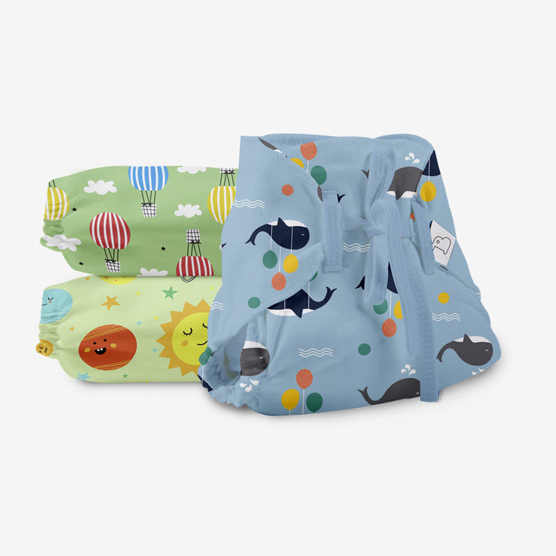 SuperBottoms Dry Feel Langot - Pack of 3-Organic cotton padded baby nappy/langot with gentle elastics & a SuperDryFeel Layer on top (Day Dreamer, Size 1)