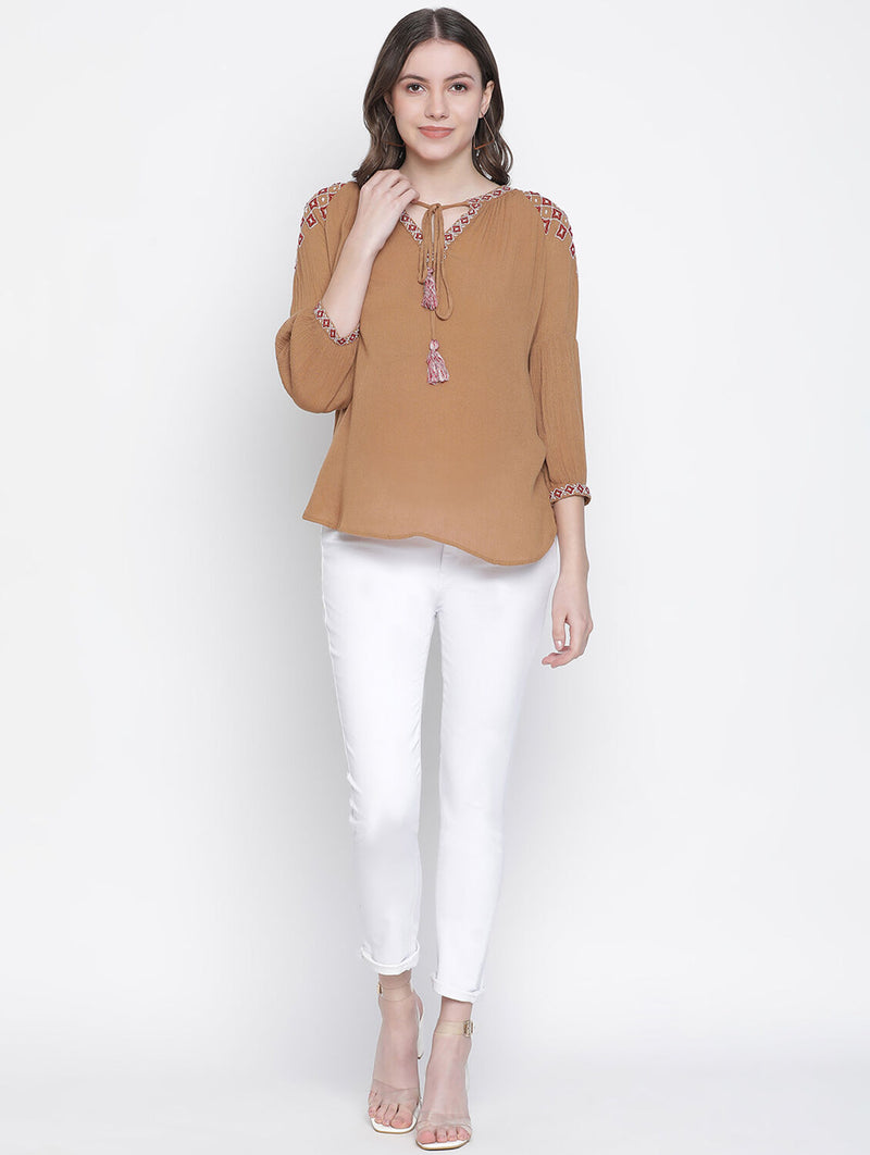 Bapple Brown Embroidery Women Top
