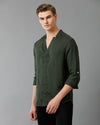 Mens Regular Fit Solid Green Casual Linen Shirt