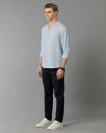 Mens Regular Fit Solid Blue Casual Linen Shirt