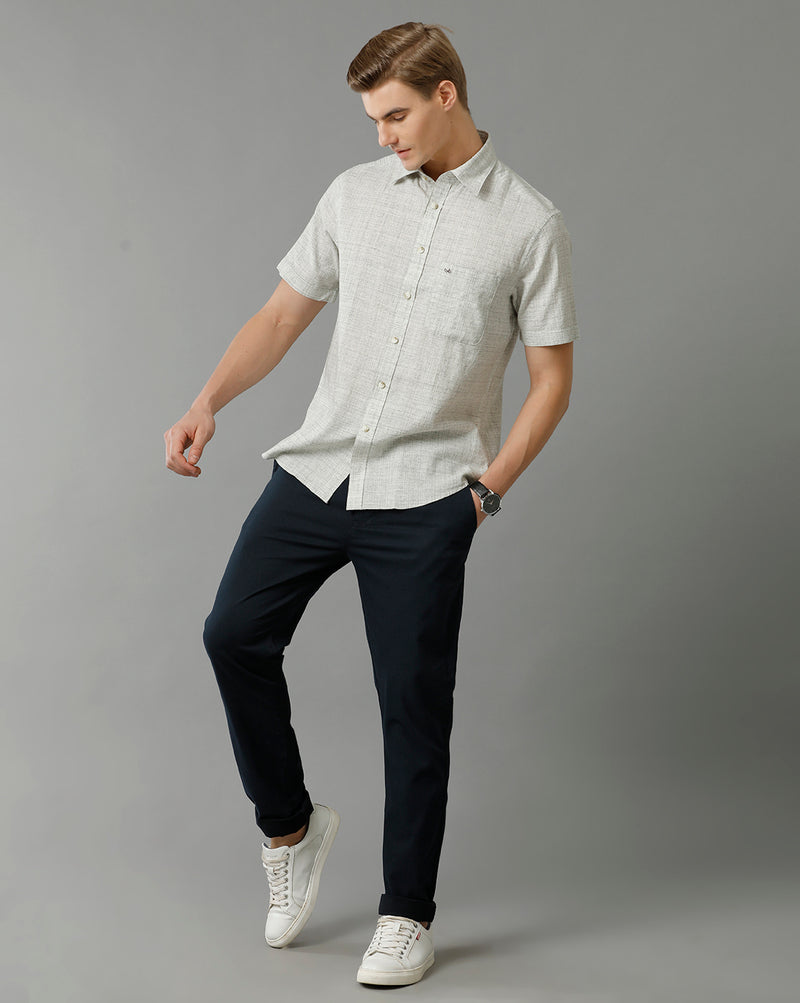 Mens Regular Fit Plain Textured Grey Casual Cotton Linen Stretch Shirt