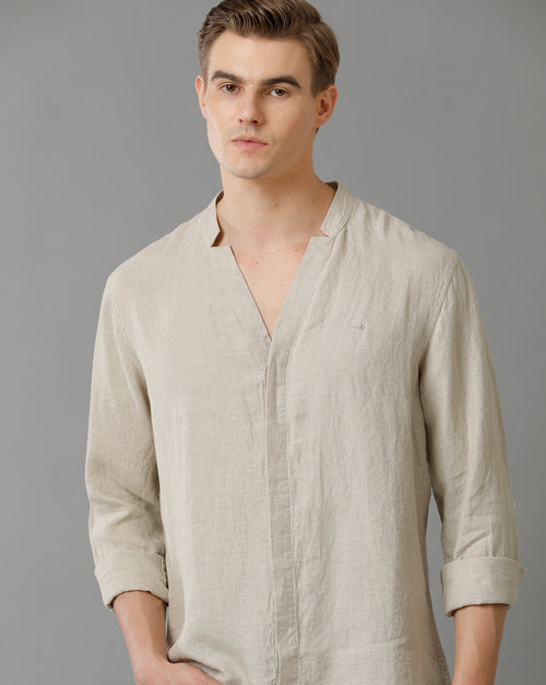 Mens Regular Fit Solid Beige Casual Linen Shirt
