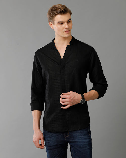 Mens Regular Fit Solid Black Casual Linen Blend Shirt