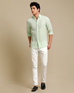 Mens Regular Fit Tea Green Solid Casual Linen Shirt
