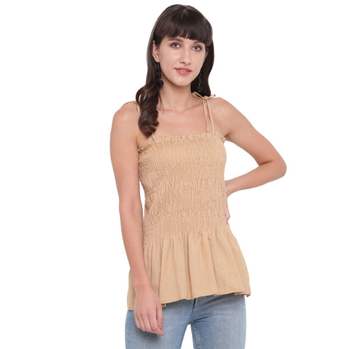 Aawari Cotton Plain Strap Crop Top For Girls and Women Almond