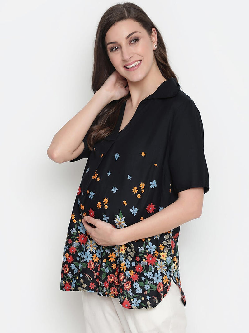 Oxolloxo Luxious Black Colorful Border Print Maternity Top