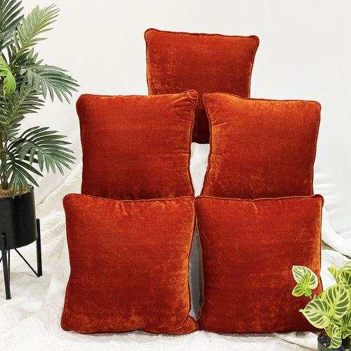 Soft Velvet Square Cushion Cover 16x16 Inches, Set of 5 (Rust Red)