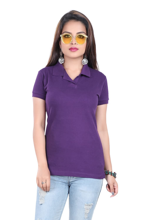 Women Purple Solid Polo Collar Pure Cotton T-shirt