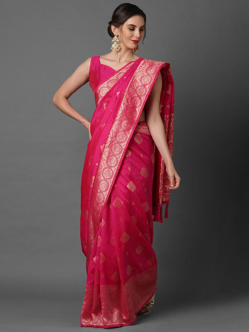 Stylish Sareemall Pink Festive Silk Blend Woven Design Saree With Unstitched Blouse