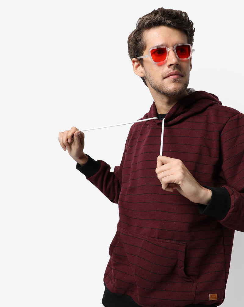 Campus Sutra Men's Maroon & Black Striped Regular Fit Sweatshirt With Hoodie For Winter Wear | Full Sleeve | Cotton Sweatshirt | Casual Sweatshirt For Man | Western Stylish Sweatshirt For Men