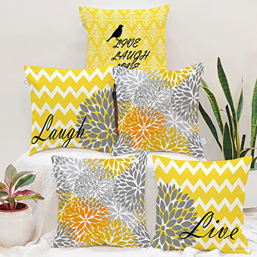 Set of 5 Yellow Bird Printed Square Cushion Covers