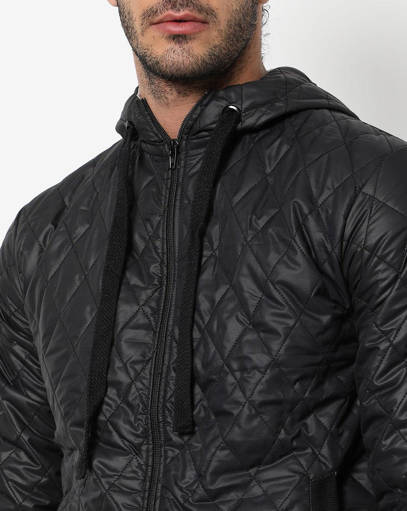 Campus Sutra Men's Black Solid Quilted Puffer Regular Fit Bomber Jacket For Winter Wear | Hooded Collar | Full Sleeve | Zipper | Casual Jacket For Man | Western Stylish Jacket For Men