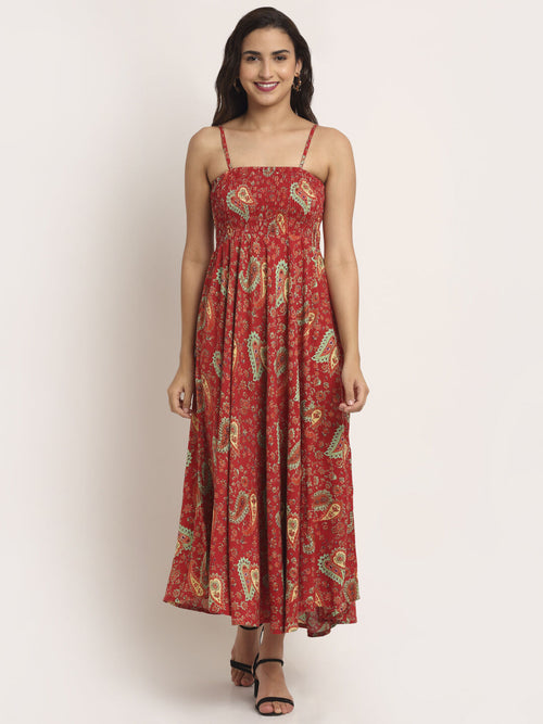 Aawari Rayon Red New Leaf Printed Bobbin Gown For Women and Girls