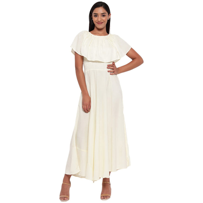 Aawari Rayon Frill Gown For Girls and Women Cream