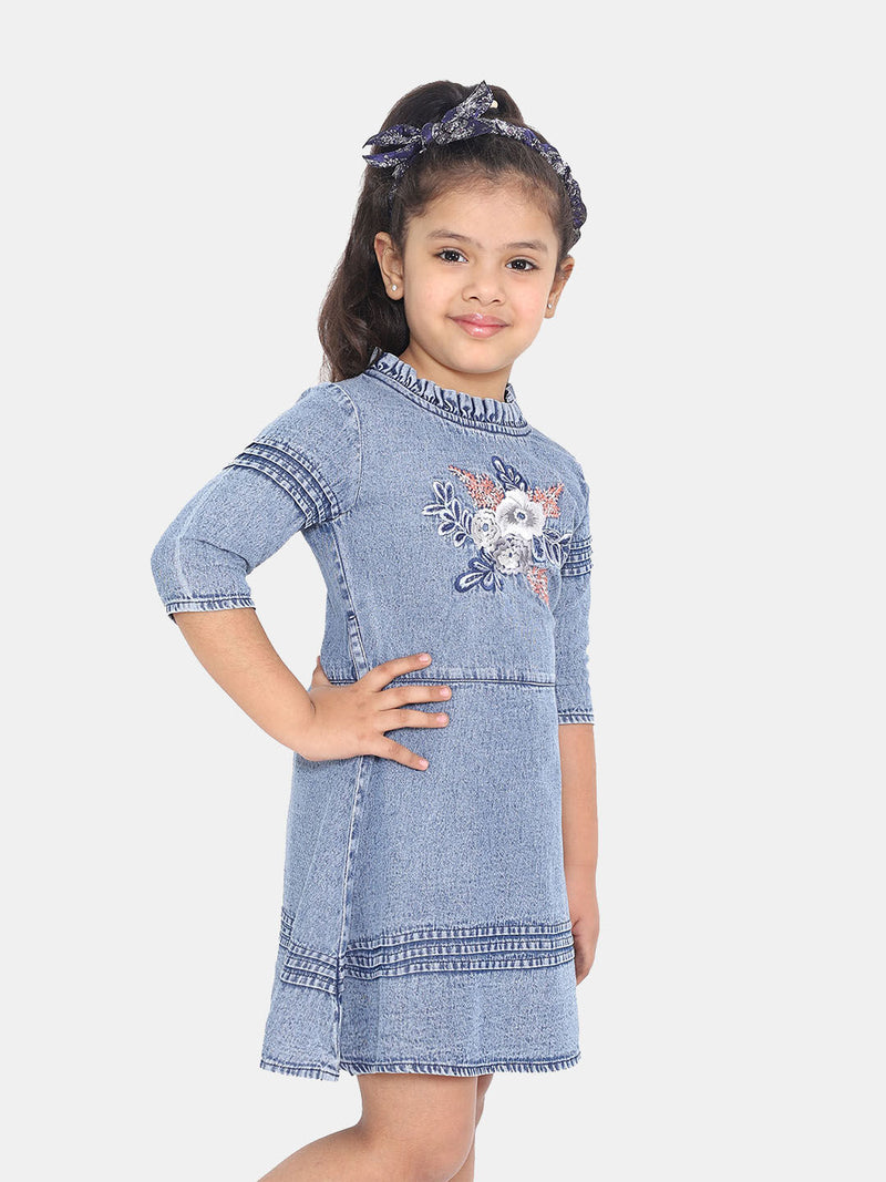 Naughty Ninos Girls Denim Embroidered Fit and Flare Dress