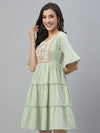 Juniper Green Cotton Dobby Festive Embroidered Tiered Dress For Women