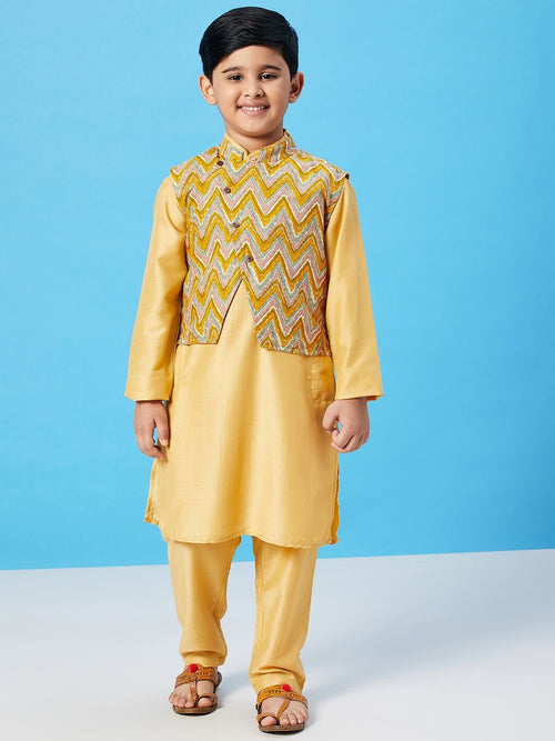 Boy's Showy Apparel Printed Kurta set with Jacket Yellow