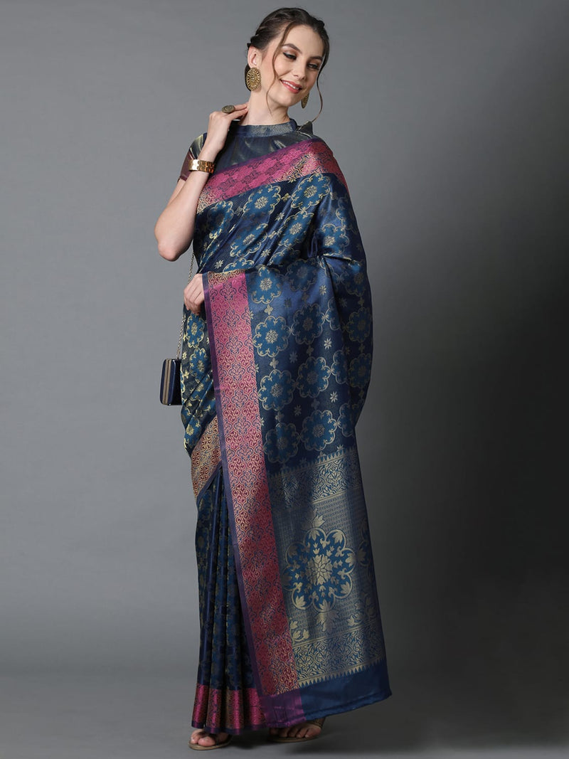 Sareemall Navy Blue Party Wear Pure Satin Woven Design Saree With Unstitched Blouse