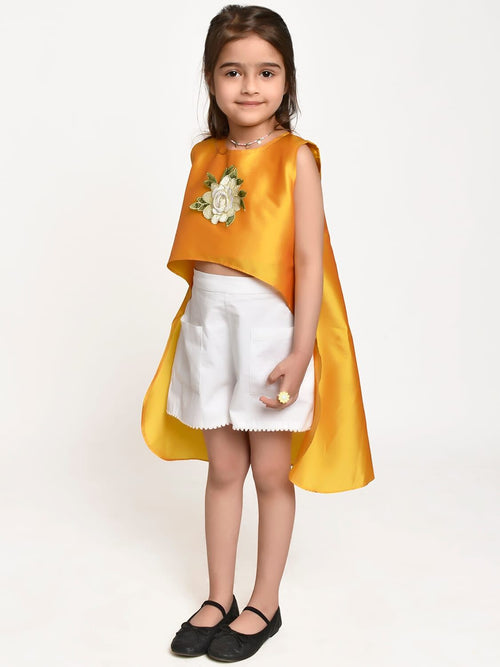 Jelly Jones Yellow Asymmetric Flower Emblished top and White shorts