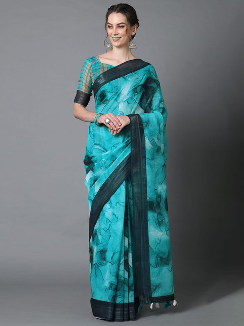 Sareemall Teal Blue Casual Linen Printed Saree With Unstitched Blouse