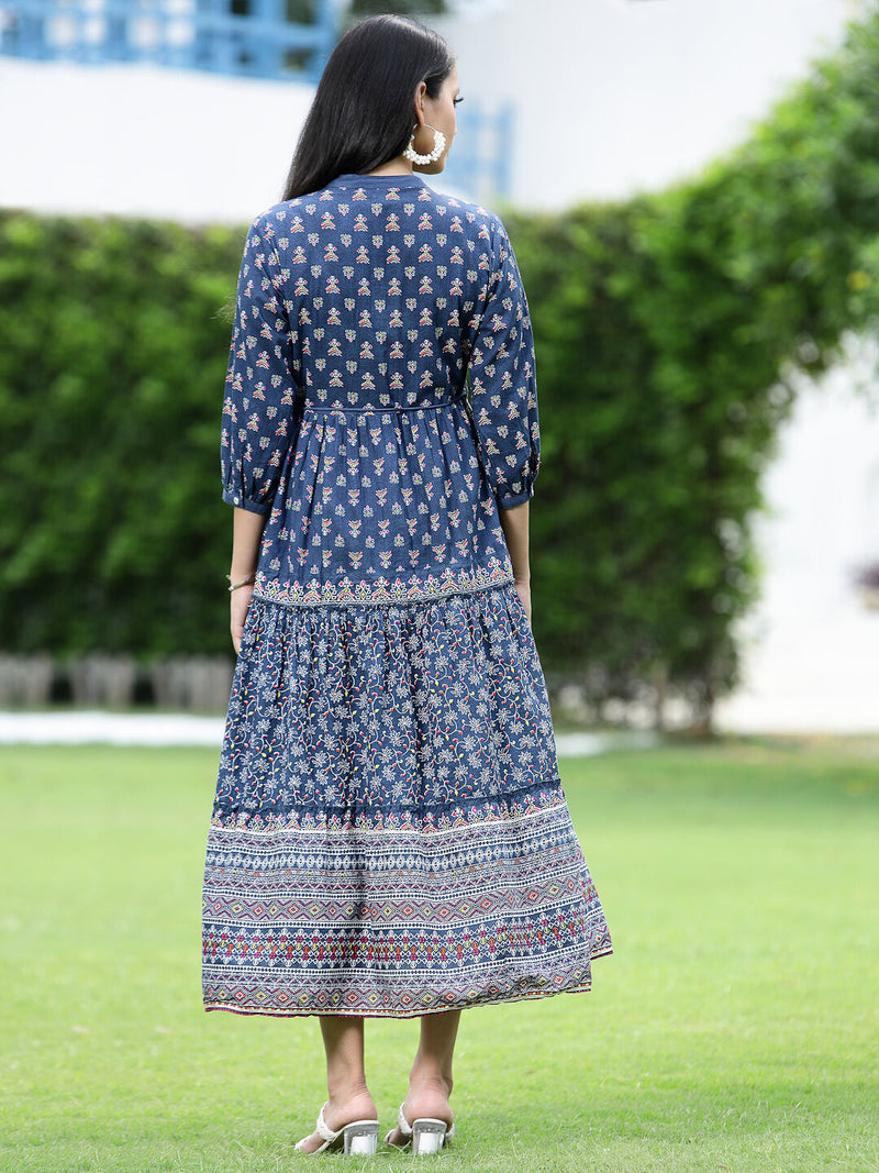 Juniper Women's Indigo Side Cambric Printed Tiered Dress