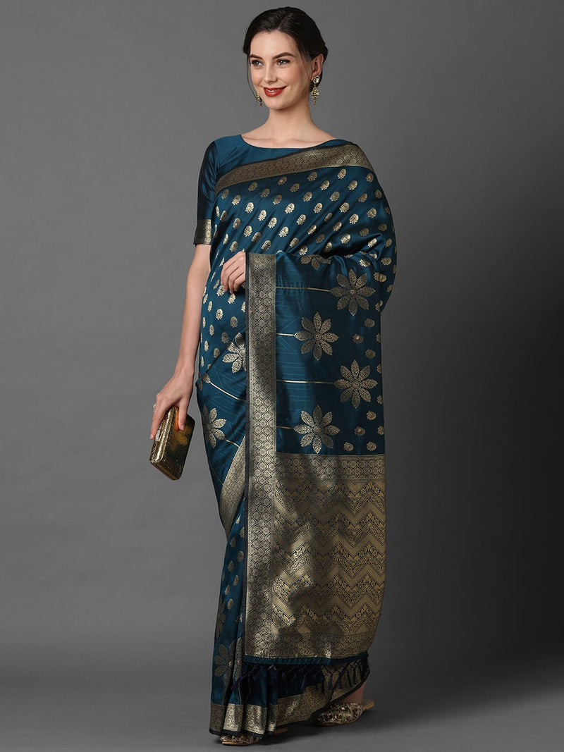 Sareemall Teal Blue Festive Silk Blend Woven Latest Design Saree With Unstitched Blouse