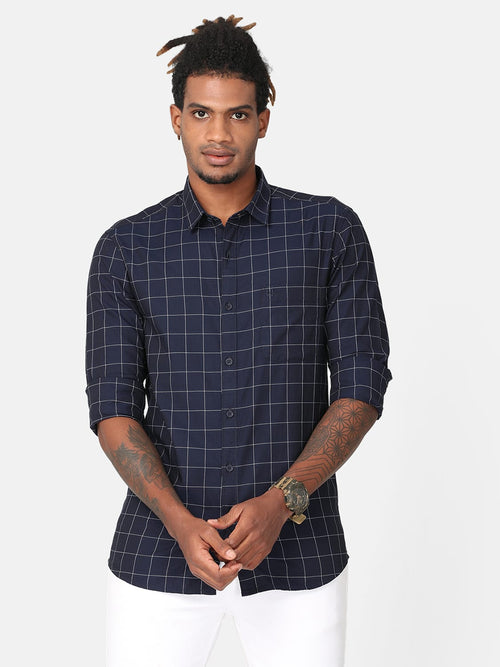 Men Navy & White Slim Fit Checked Cotton Casual Shirt