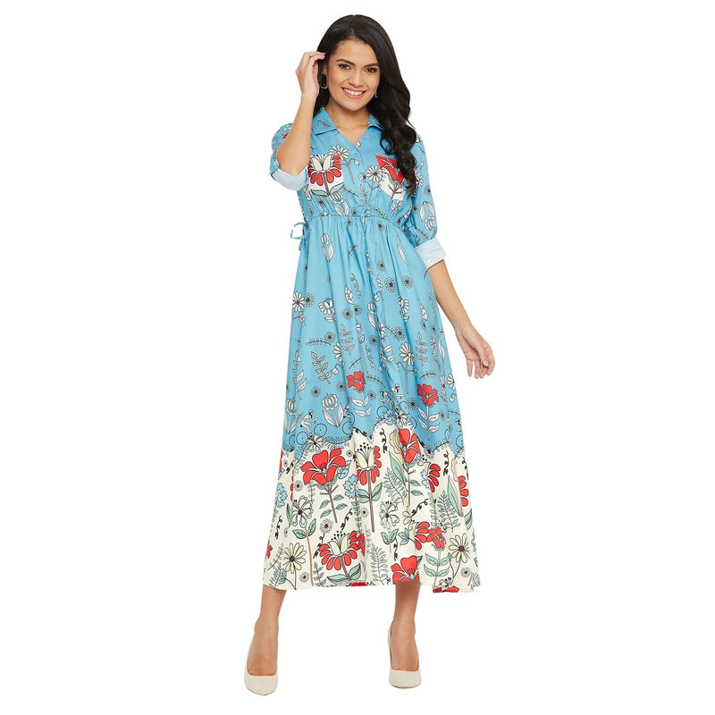 Adults-Women Ice blue and white Printed Dress With Drawstring Tie