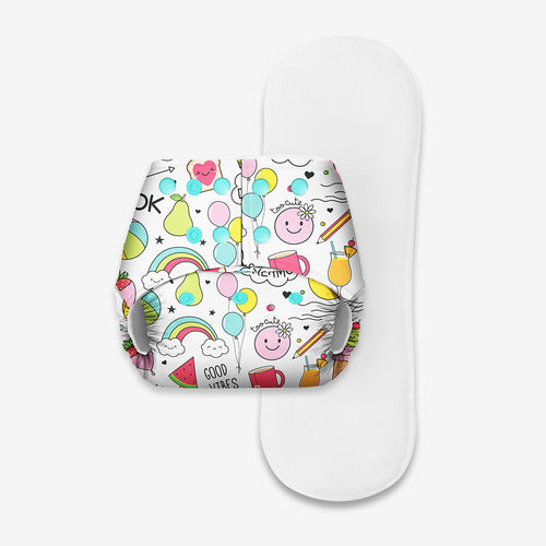 BASIC Pocket Diaper - Freesize Adjustable, Washable and Reusable pocket cloth diaper for day time use (with dry feel pad/soaker/insert)(Doodles)