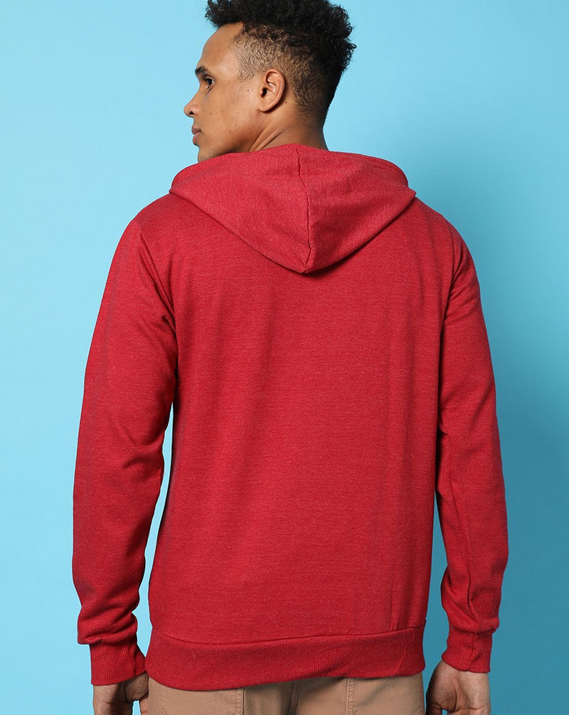 Campus Sutra Mens Red Solid Printed Sweatshirt With Hoodie Regular Fit For Casual Wear Blend Fabric | Trendy Sweatshirt Crafted With Comfort Fit & High Performance For Everyday Wear