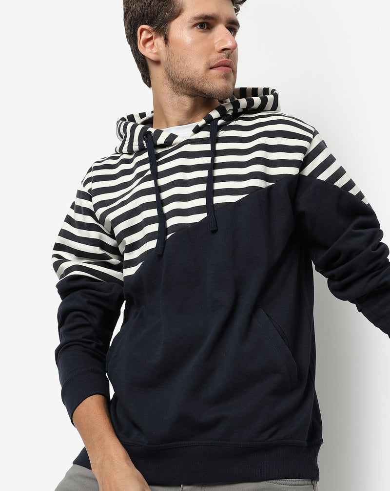 Campus Sutra Men's Blue & White Striped Regular Winter Wear | Full Sleeve | Cotton Sweatshirt | Casual Sweatshirt For Man | Western Stylish Sweatshirt For Men