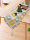 Ikat Yellow & Teal Printed Cotton Canvas Table Runner ( 13 x 72 Inches with Tassel )