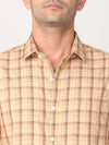 Men Beige & Caramel Slim Fit Checked Cotton Casual Shirt